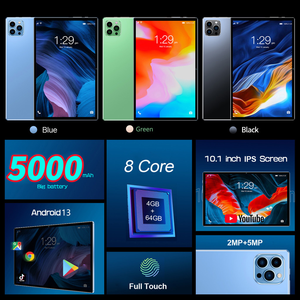 10.1 Inch Android 13 Tablet with Octa Core 4GB RAM 64GB ROM Dual SIM 3G Call WiFi Bluetooth Google