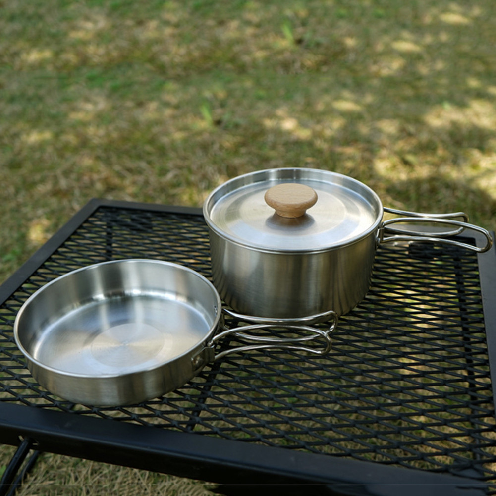 Stainless Steel Cooking Set Portable Foldable Handle Outdoor Pot Cooking Pan with Storage Bag