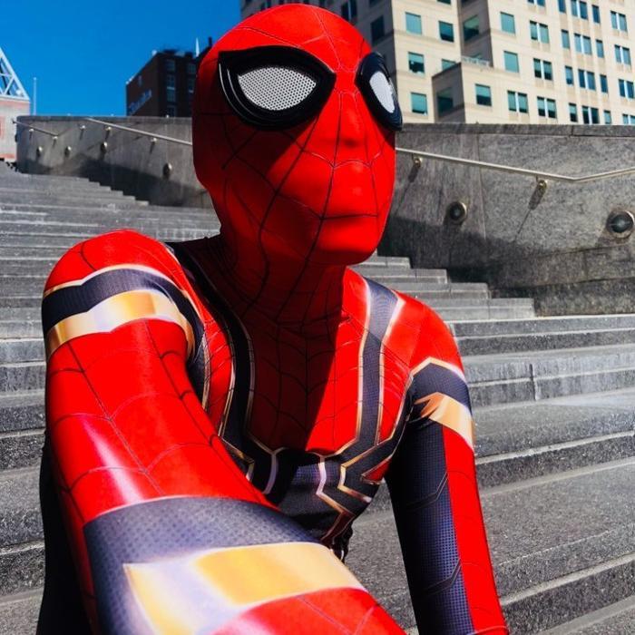 DEWASA KOSTUM SPIDERMAN MERAH HITAM BAJU COSPLAY SUPERHERO + TOPENG