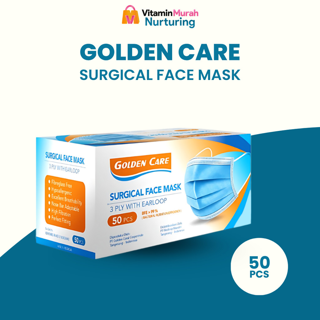 MASKER GOLDEN CARE 3 PLY WITH EARLOOP BFE 99 % 1 BOX ISI 50 PCS