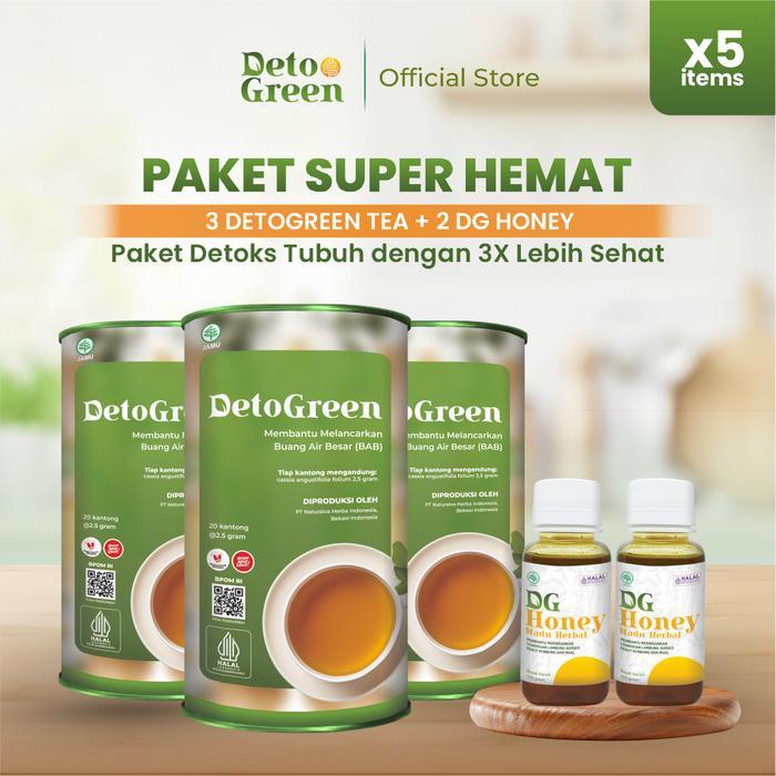 DetoGreen Tea & DetoGreen Honey Paket Super Hemat 3 dan 2 Madu 5 PCS - teh rempah herbal