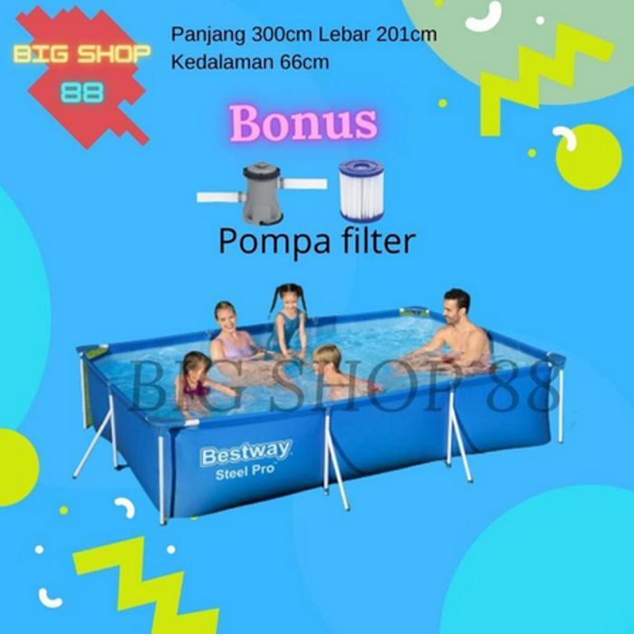 KOLAM RENANG PORTABLE FRAME POOL BESTWAY 300X201X66 CM BONUS POMPA FILTER KOLAM