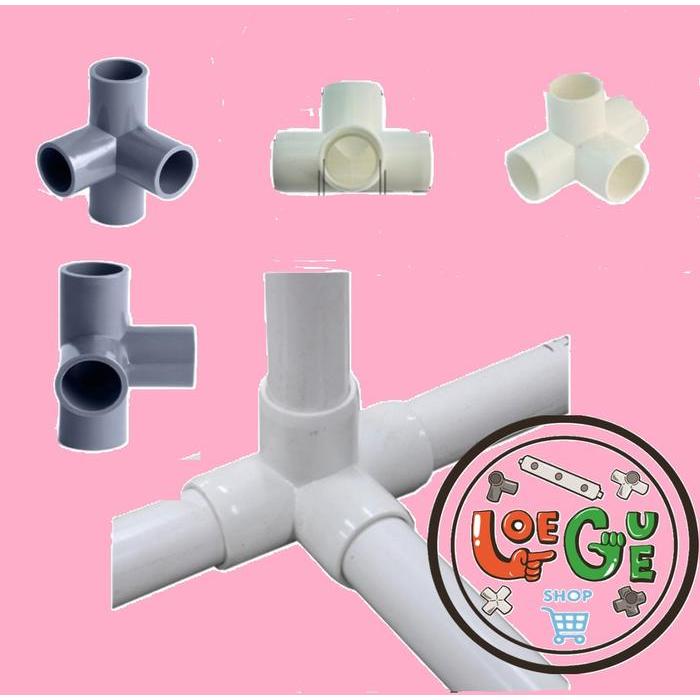 "New" LOEGUE Sambungan Fitting Tee Pipa PVC 4 Way Arah 1 Inch Rangka Hidroponik Praktis &
