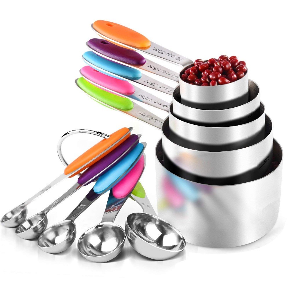LMETJMA 10 Piece Measuring Cups and Spoons Set Stainless Steel Measuring Cup Kitchen Measuring Spoon
