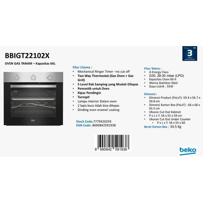 BEKO OVEN TANAM GAS BBIGT22102X BIGT22102X