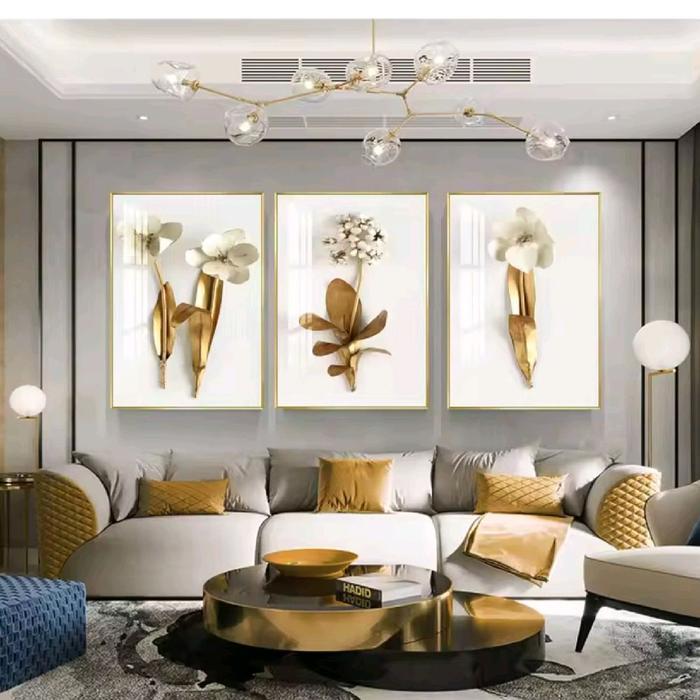 Lukisan Bunga Emas Kanvas Print High Definition Modern Seperti Timbul Termasuk Bingkai Frame Gold