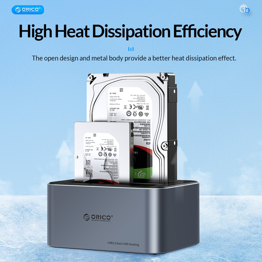 ORICO Aluminum Dual-bay Hard Drive Station Type-C 10Gbps with Offline Clone 2.5/3.5" HDD Case Heat
