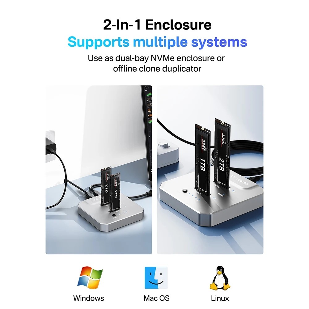 Acasis 20Gbps Dual-Bay M.2 NVME Duplicator Offline Clone M.2 nvme SSD Enclosure USB 3.2 Type-C NVMe