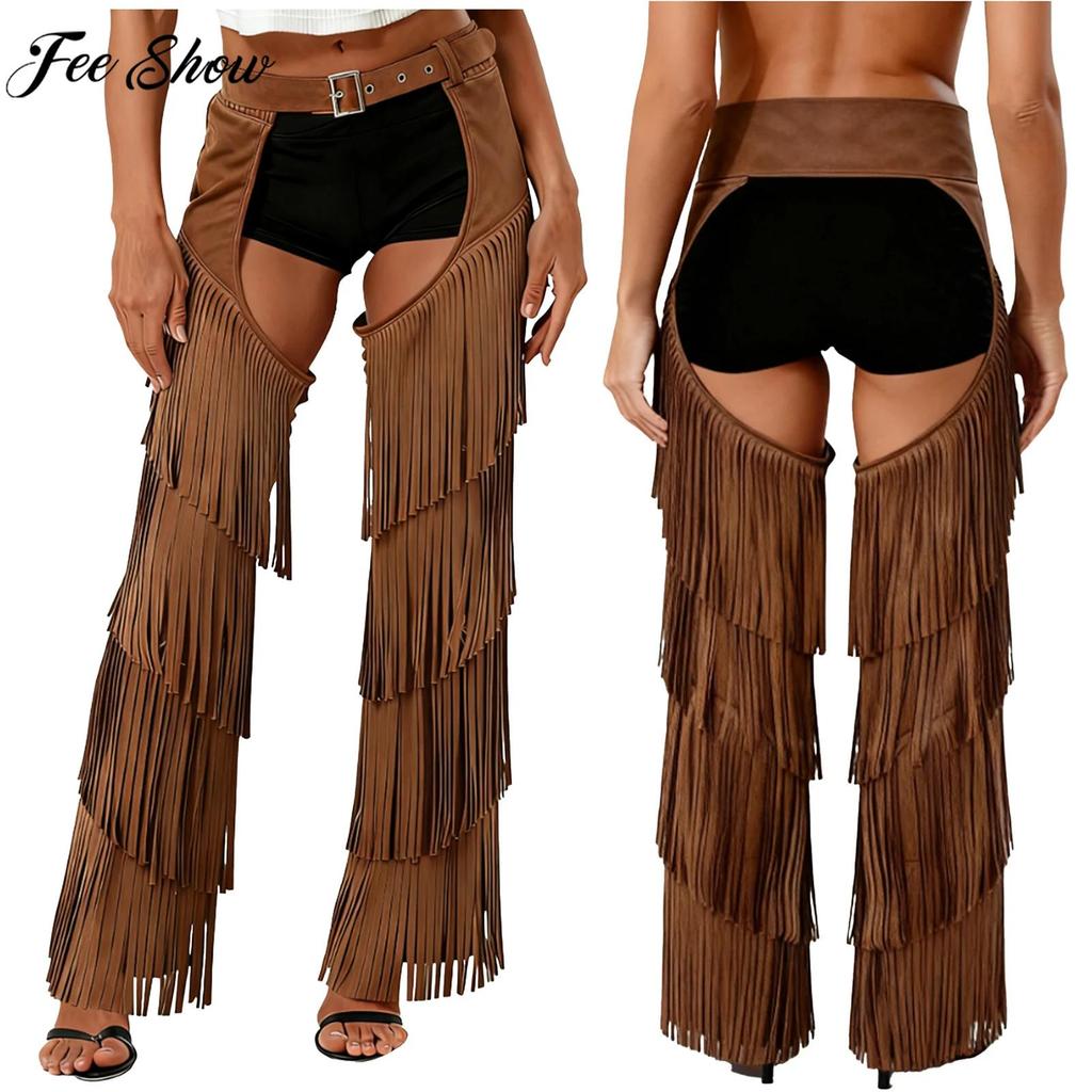 Women Western Cowgirl Cosplay Costume Adjustable Buckle Open Crotch Fringe Cha Pants For Halloween