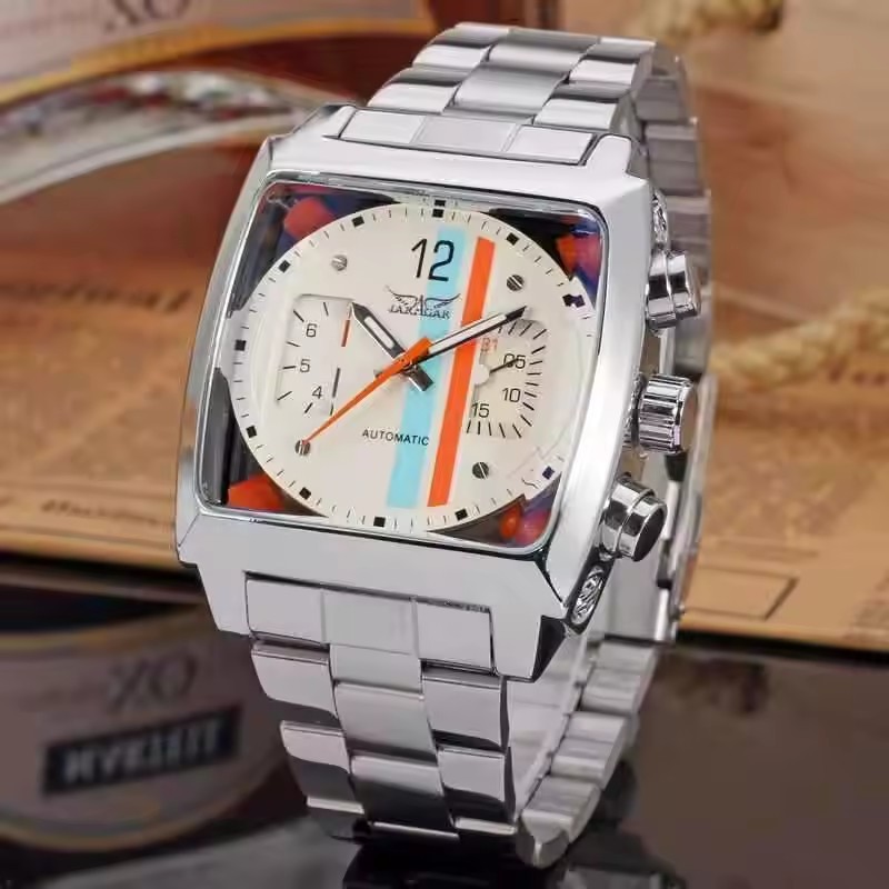 JARAGAR 569 Retro Square Dial Unique Men's Automatic Mechanical Watch Calendar Week Steel Strap