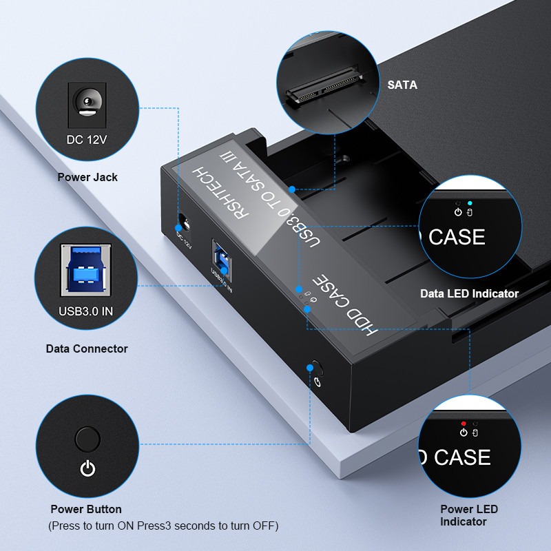 RSHTECH External USB 3.0 SATA Hard Drive Enclosure Data Transfer 6Gbps HDD Caddy Portable Disk Case