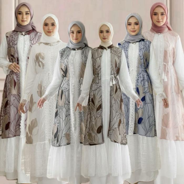 Kiara Gamis Muslim Wanita Syari Set Outer Outline Chantily Iner Jersey Dengan Desain Elegan Dan