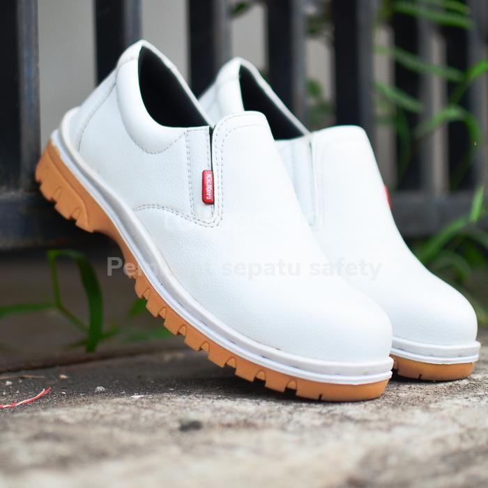SEPATU SAFETY PUTIH PRIA WANITA UJUNG BESI KULIT SAPI SLIP ON FANTOFEL