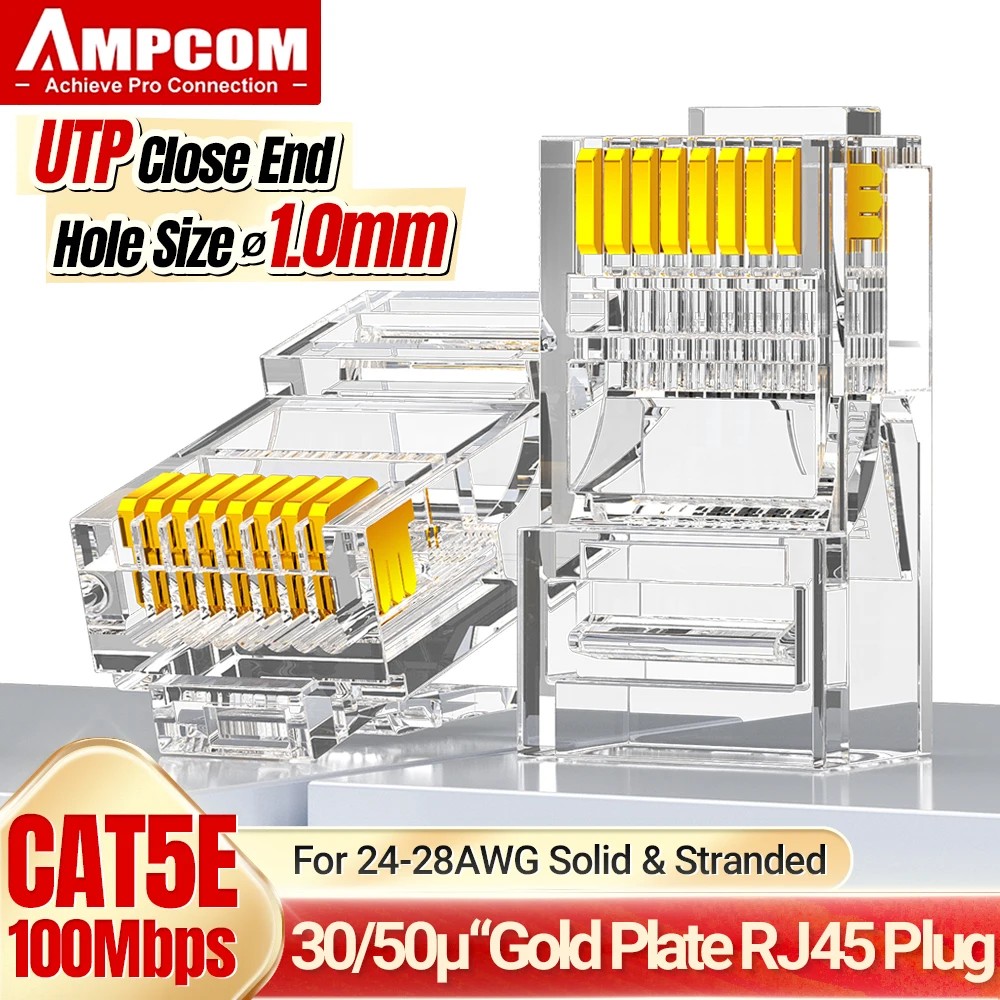 AMPCOM CAT5e RJ45 Connector 8P8C Modular Ethernet Cable RJ 45 Ends Ethernet Cable Crimp Connectors
