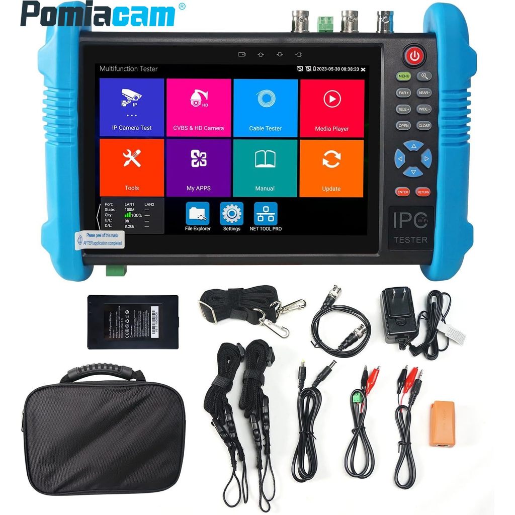 Pomiacam 8K 32MP CCTV Tester, 9800 Pro IP/AHD/TVI/CVI/SDI Camera Tester with PoE, WiFi, Cable Trace,