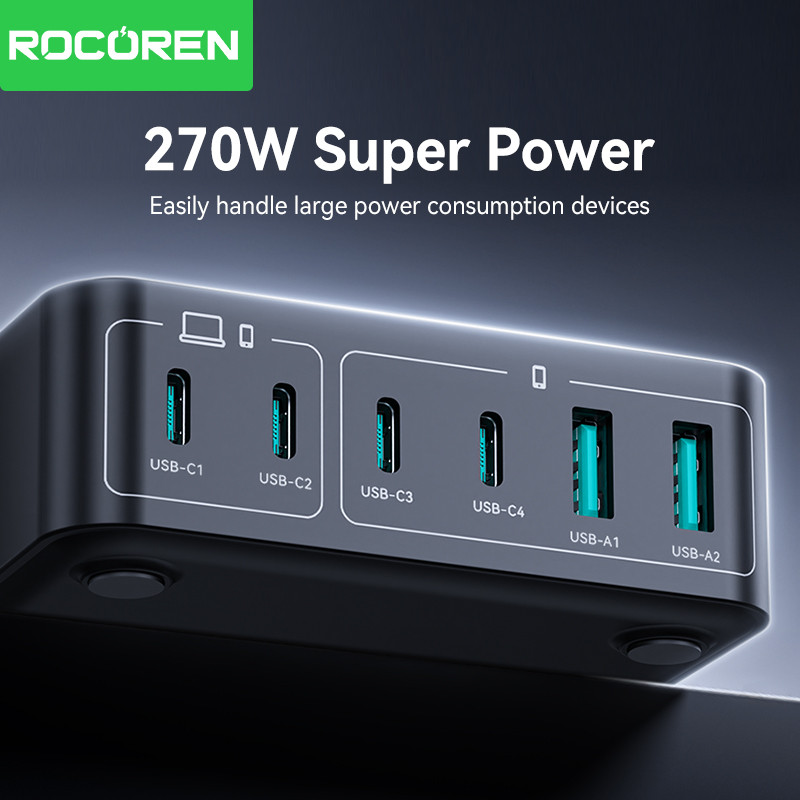 Rocoren 200W GaN Charger PD Fast Charging USB Type C Charger 270W 6 in 1 USBC Power Station For