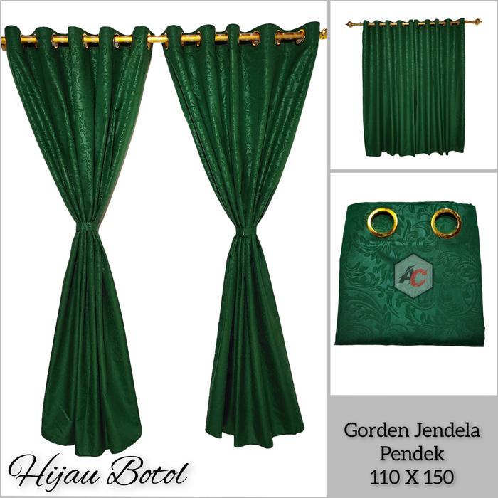 Gorden Jendela Kamar Pendek Polos Embos Warna Hijau Tua Smokring 10 Lubang