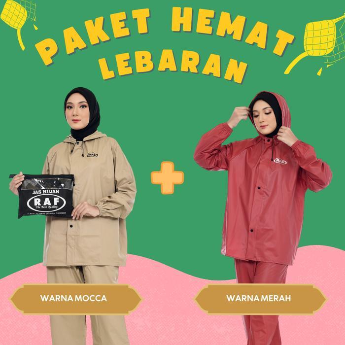 COD PAKET RAMADHAN RAF Jas Hujan Pria Wanita Setelan Baju Celana Warna Mocca dan Merah dewasa gamis