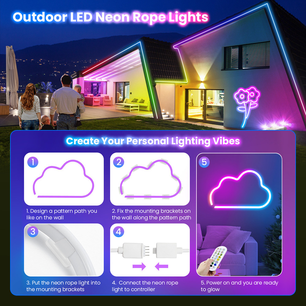 Led Neon RGB Rope Light - 10M RGB Flexible Lights Strip Gaming Light Music Sync Neon Strip Lights