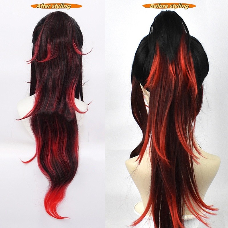 Tsugikuni Yoriichi Black Red Cosplay Wig Long Straight Black Ombre Red Layered Ponytail Clip Wig