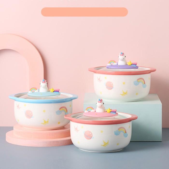Mangkok Saji Unicorn Keramik Tutup Kaca Model Panci Mangkuk Sup Lucu