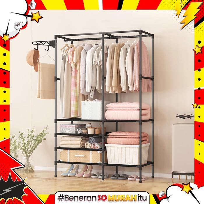 Rak Baju Gantung Minimalis 2 Sekat Lemari Pakaian Gantungan Tas Topi Praktis Terbuka