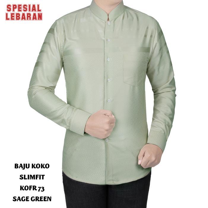 Baju Koko Pria Slim Fit Kemeja Koko Pria Muslim Lengan Panjang Warna Sage Green Kofr 73