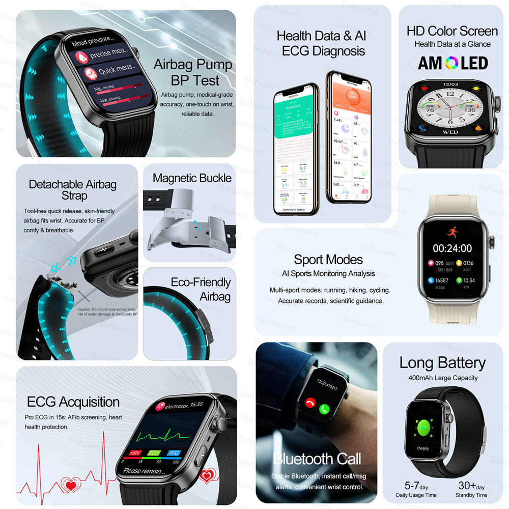 ECG Smartwatch AMOLED Screen Airbag air pump Smartwatch Blood Pressure Measure Micro physical
