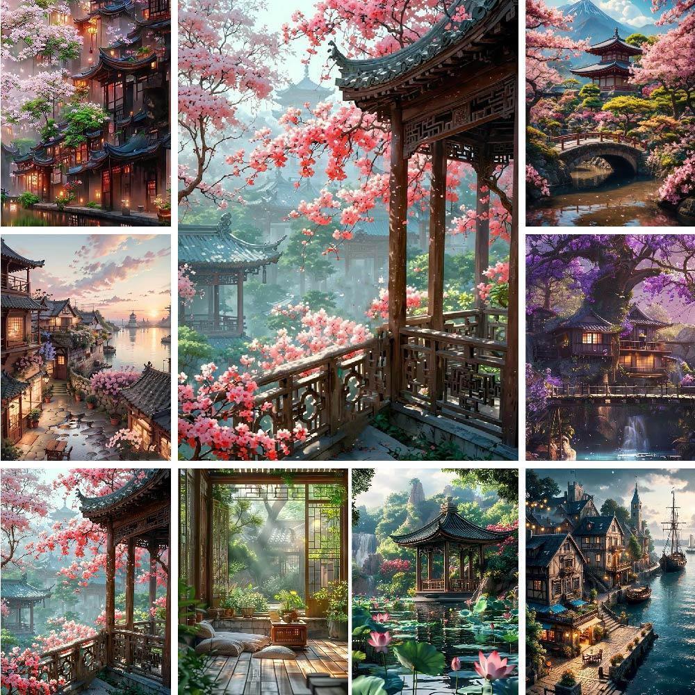 30x40cm Unframe Diy Painting By Numbers Chinese Building Diy Paint By Numbers On Canvas Home Decor