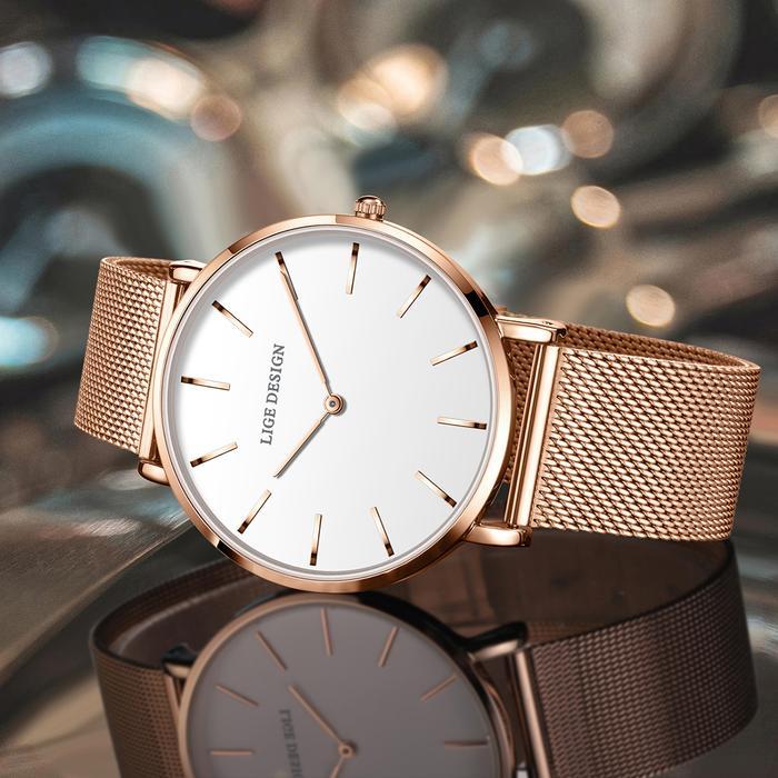 LIGE Jam Tangan Wanita Elegan Fashion Sederhana Dial Ultra Tipis Tahan Air Jam Tangan Olahraga