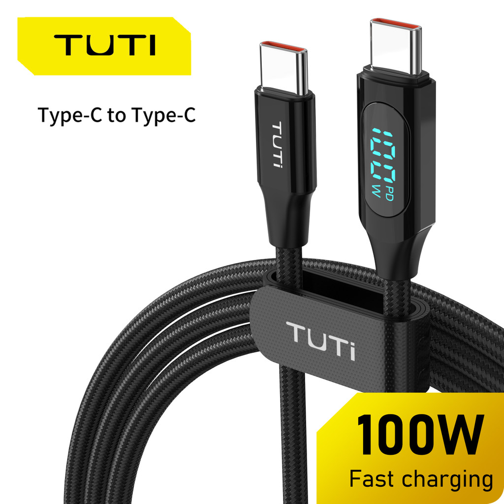 TUTI 100W Fast Charging Cable Type C to Type C 5A with LED Display Nylon Weave Universal Compatible