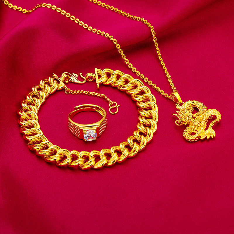 AU999 24K Gold Men's Dragon Set - Polished Dragon Pendant + Matte Wide Bracelet, Micro-Diamond Ring