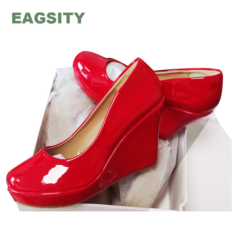 Princess style Patent Leather Pink Pump Shoes Espadrilles Wedges Platform Women High Heel Lady Shoes