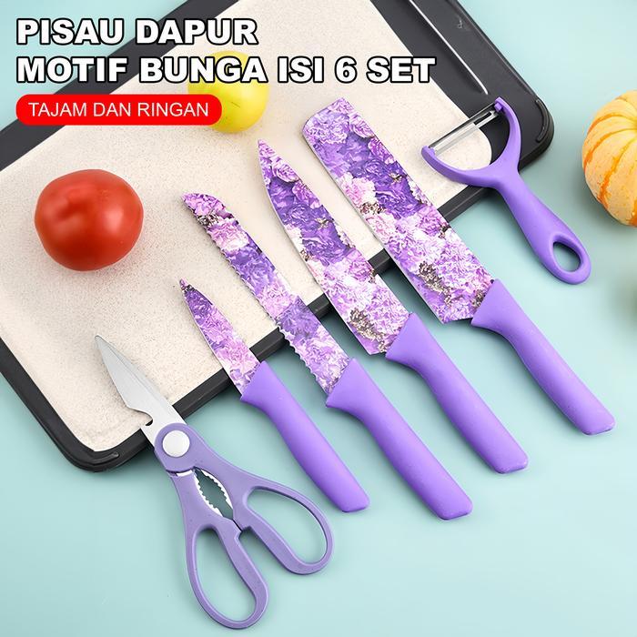 Pisau Set 6 Pcs Corak Bunga knife Set Stainless Steel Anti Lengket / Flower Kitchen Knife Set 6 Pcs
