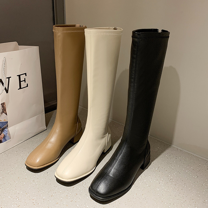 Women Black High Heel Long Boots Fashion Spring Autumn Warm Knee High Boots Soft Leather Thigh High