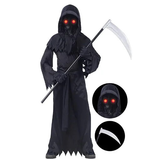 Child Horror Red Eye Grim Reaper Costume Scythe Devil Darkseid Ghost Cosplay Suit Halloween Hooded
