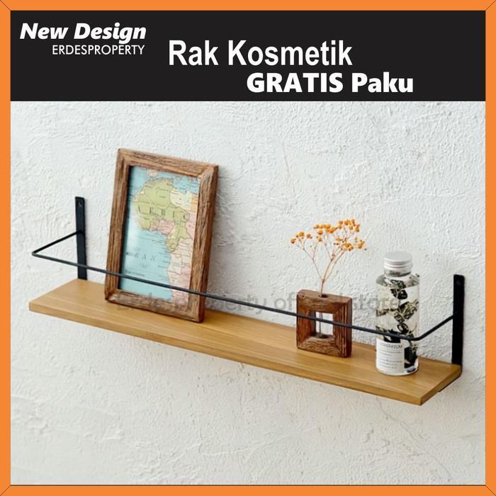 Rak Kosmetik / Kamar Ambalan Kayu Minimalis Dekorasi Dinding Gantung Besi Jati Pasti Diskon