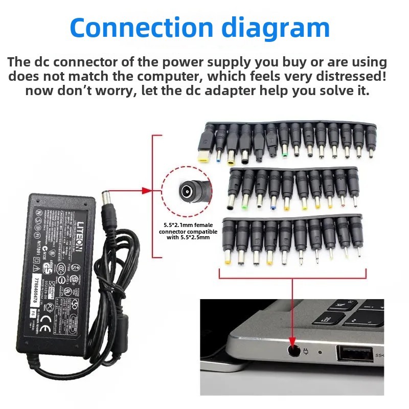 Universal Notebook Adapter Power Supply 8-In-1 34-In-1 Conversion Head DC5.5*2.1 Connector Versatile