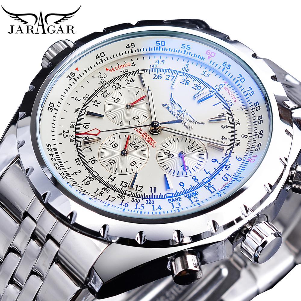 Jaragar Blue Light Glass Men's Automatic Mechanical Watches Calendar Stainless Steel Luminous
