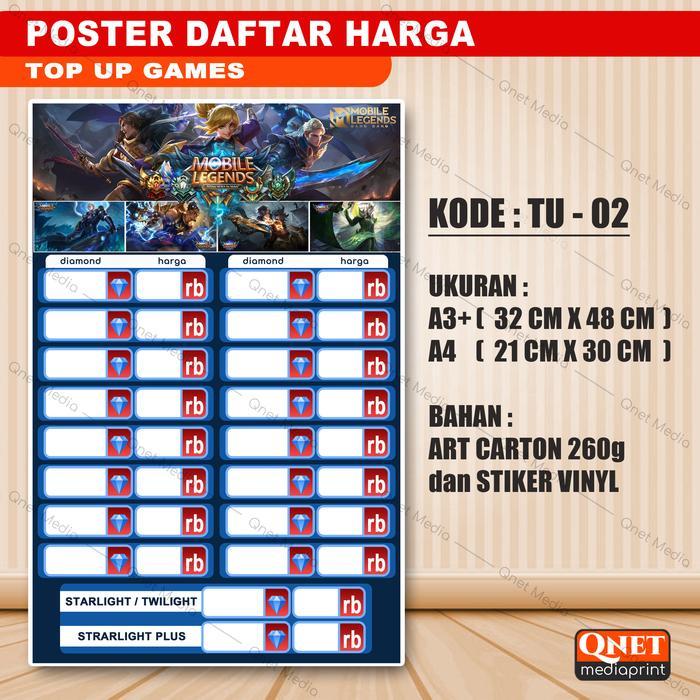 Stiker & Poster Daftar Harga Top Up Games + Laminasi Glossy Redy Stok