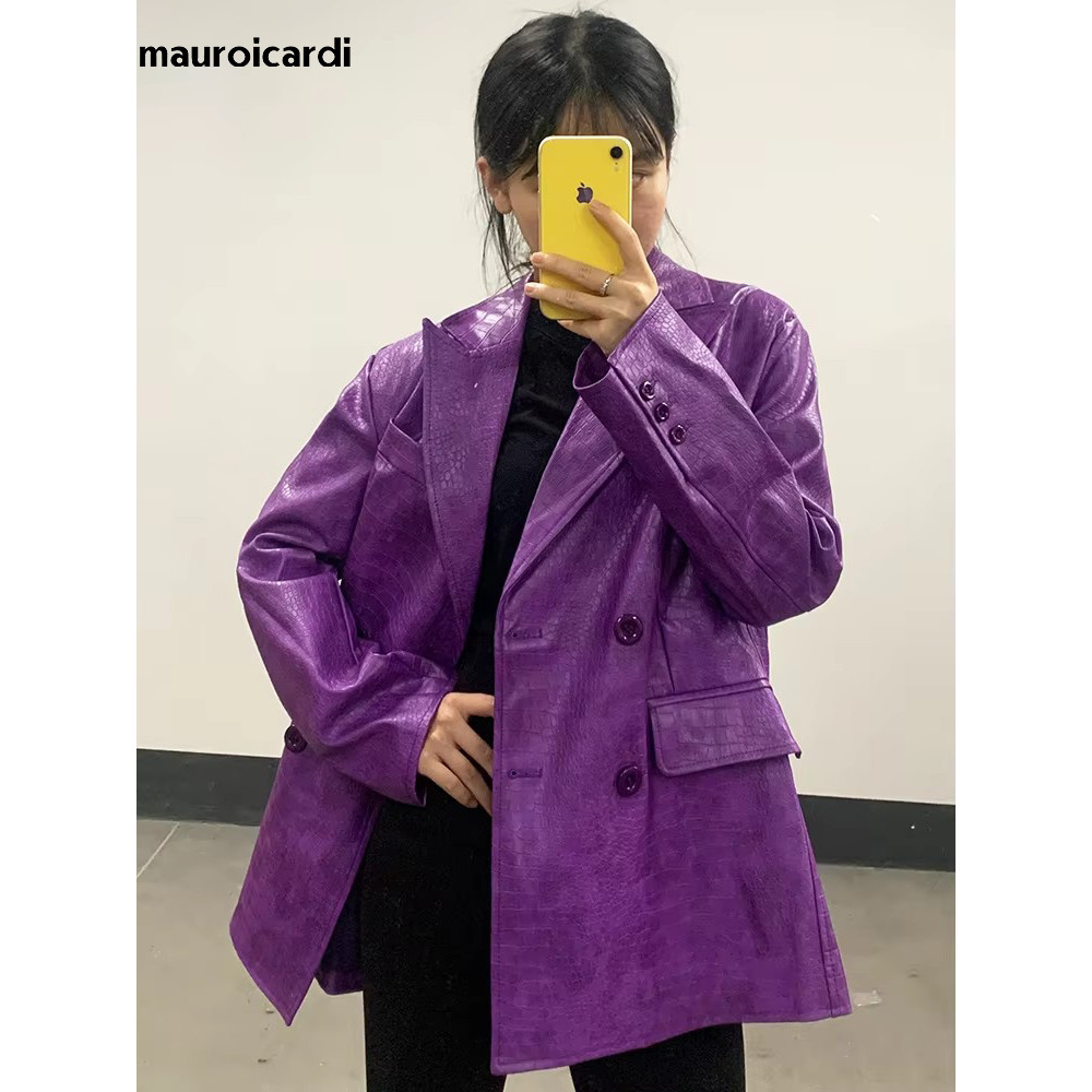 Blazer Wanita Longgar Matte Ungu Motif Kulit Buaya Palsu Double Breasted untuk Musim Gugur 2025