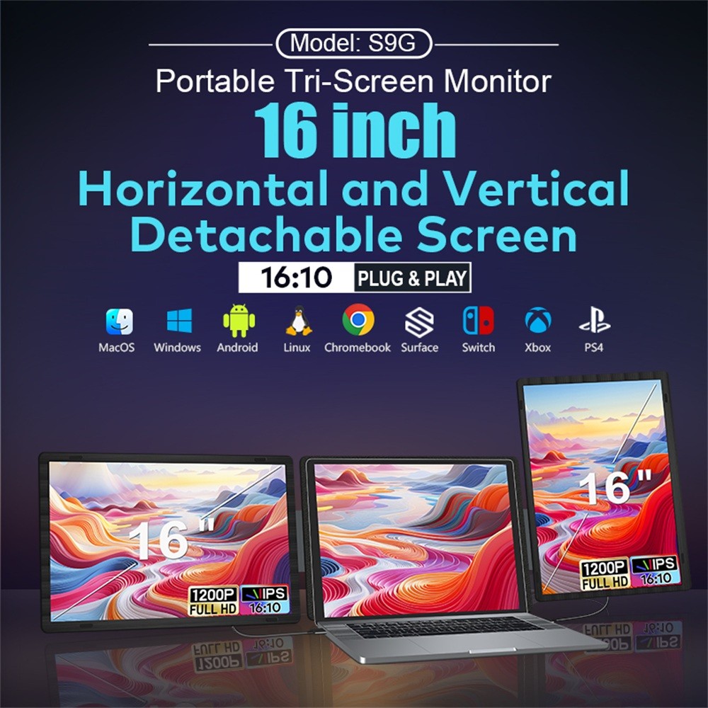 Rospider 16 Inch Portable Dual Screen Laptop Monitor Extender 1200P 2560P Rotatable Triple Display