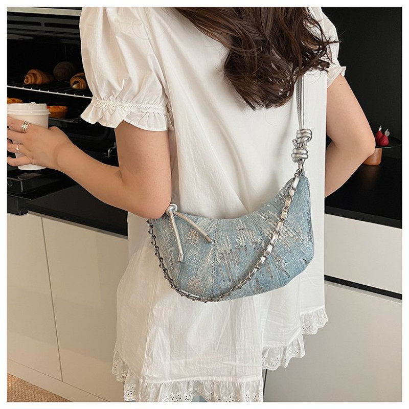 CEEKAY Casual Denim Sequin Crescent Bag, Knot Handle Chain Shoulder Bag, Lightweight Daily Purse for