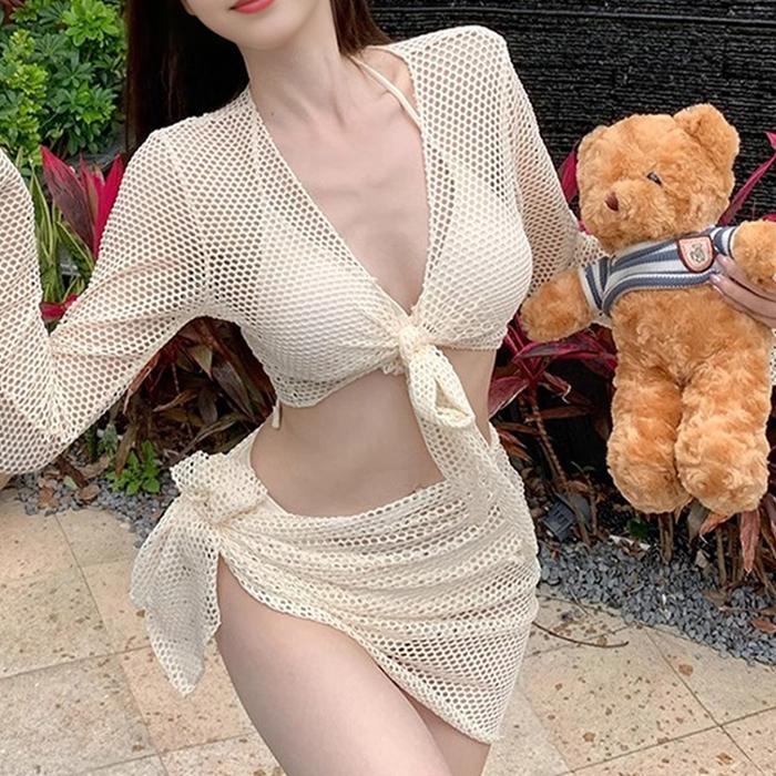 Baju Renang Rajutan Lengan Panjang p-piece Set Wanita Bikini Seksi Gaya Liburan Smock