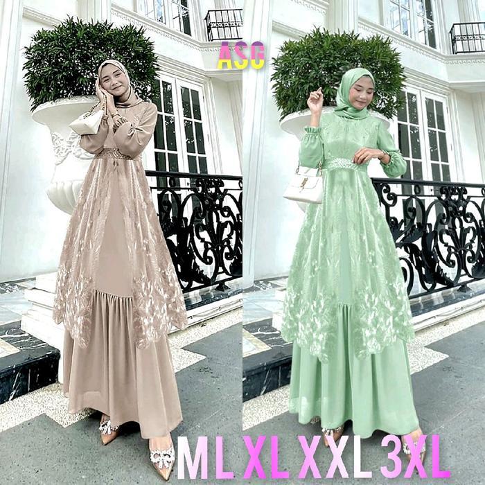 Terbaru Mona Gamis Rompi Outer Brukat Mewah Maxi Set Dress Jumbo Seragam Pesta Kondangan Modern