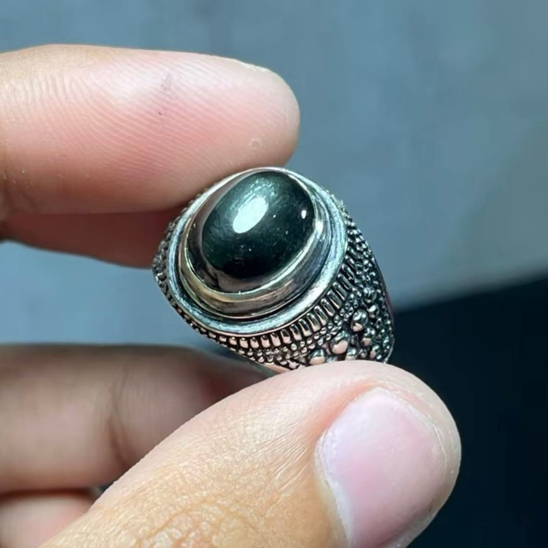 Cincin Batu Nilam Star Natural Hitam Bintang Putih Star Effect 12x10 Alpaka Anti Karat Size 5-13