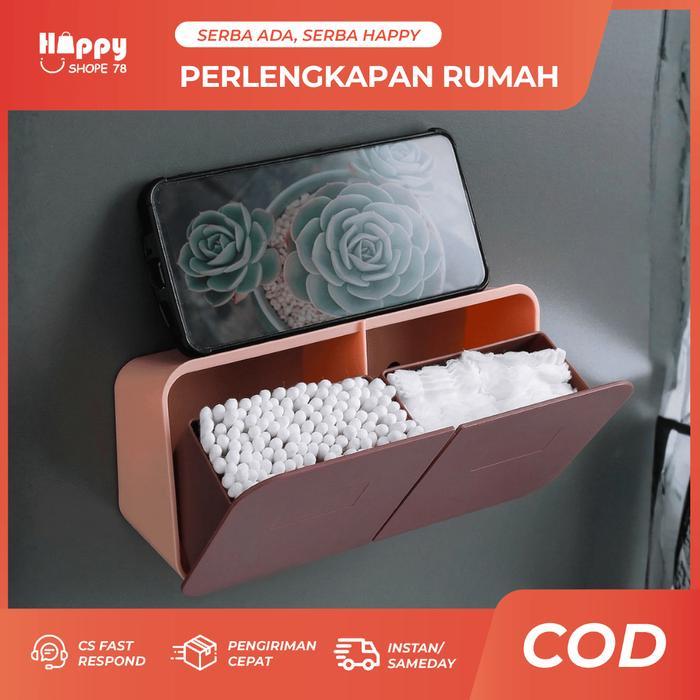 Rak Tempel Dinding Organizer 2in1 Kotak Kapas Cotton Bud Makeup