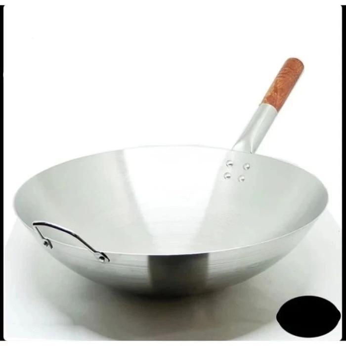 Wajan Nasi Goreng Stainless Stell Gagang Kayu Ukuran 32 34 36 38 40 43 Cm / Wajan Kuali Kwali Gagang