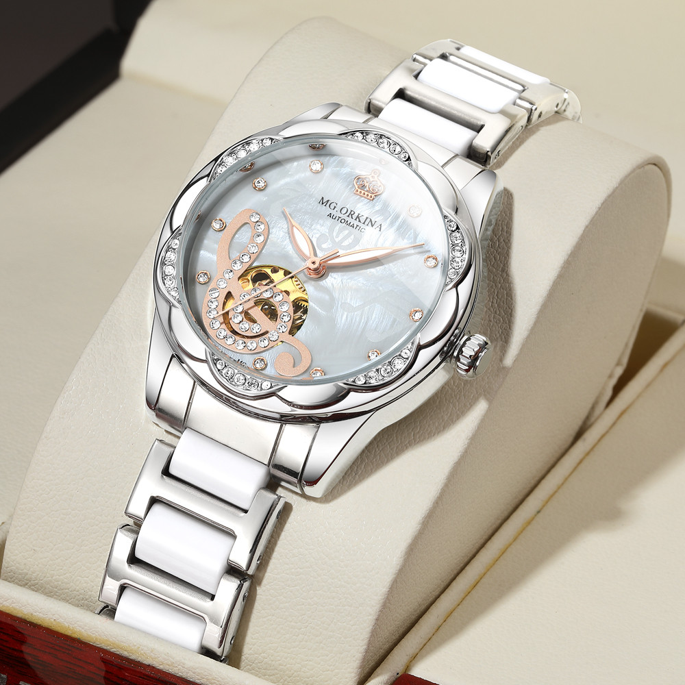 ORKINA New Luxury Top Brand Women's Watch Fashion Silver White Skeleton Design Ladies Automatic