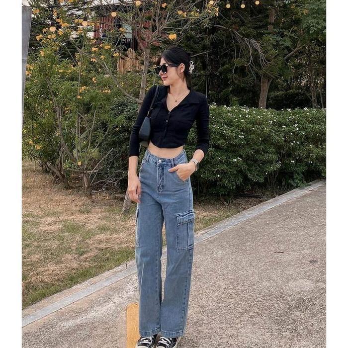 Premium Kulot Cargo Jeans // Celana Cargo Wanita Jeans Panjang Tebal Hitam Cewek Denim Dewasa High